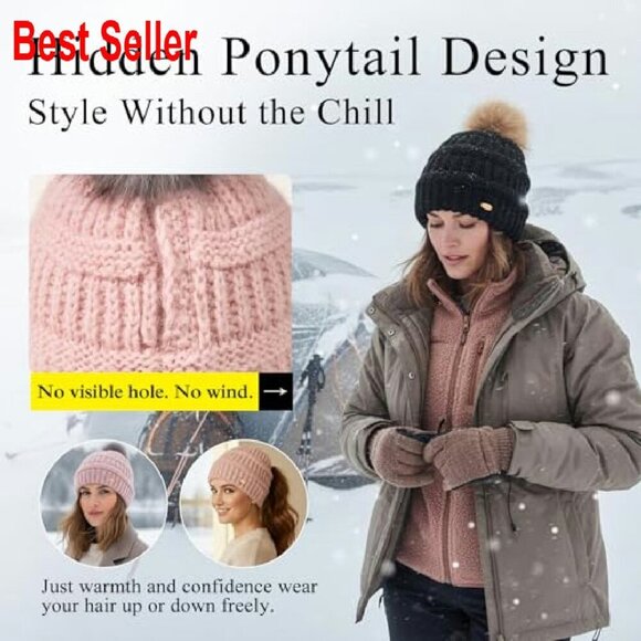 Fleece Lined Merino Wool Beanie Hidden Ponytail Hole Detachable Pom Chic main image 8